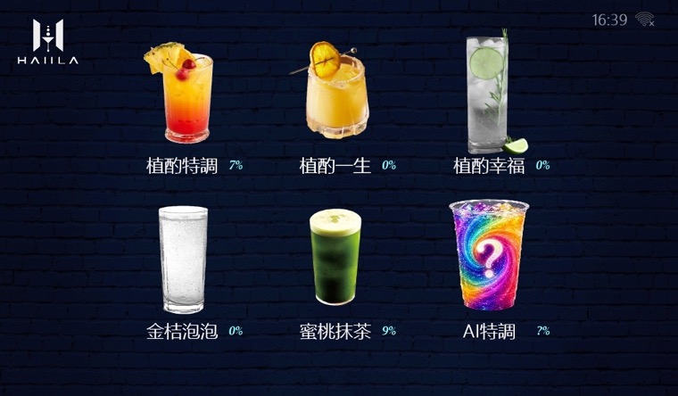 植酌 Fizz't 聯名酒單畫面：植酌特調、植酌一生、植酌幸福、金桔泡泡、蜜桃抹茶、AI 特調